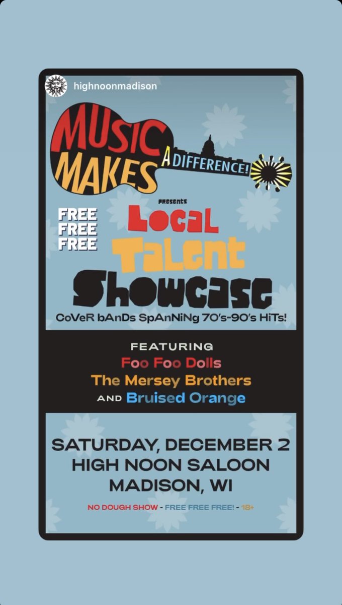MusicMakesaDiff's tweet photo. What’s happening?  This is happening!!!  #musicmakesadifference 12/2/23 @HighNoonMadison @FooFooDolls #merseybrothers #bruisedorange #catalystforchange https://t.co/rOilN6Esgt