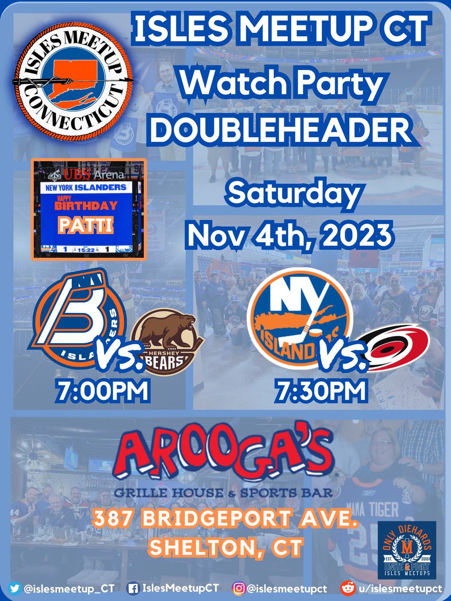 islesmeetup_CT's tweet image. ***Big @islesmeetup weekend in CT***

Sat 11/4: Arooga’s in Shelton at 7PM for #isles doubleheader watch party 

Sun 11/5: @TotalMtgArena at 3PM for @AHLIslanders vs. @ThunderbirdsAHL 

#LGI