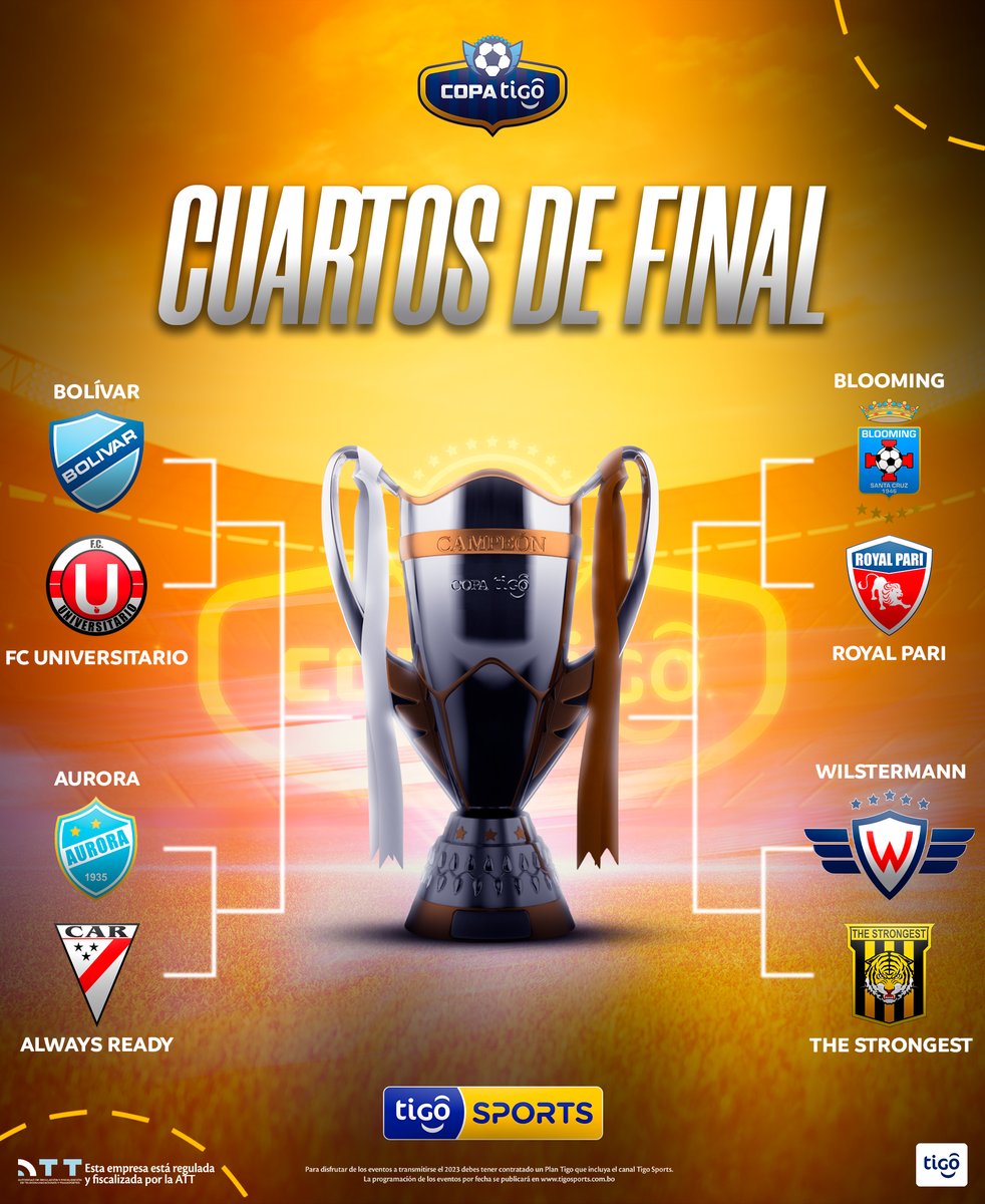 TigoSportsBol's tweet photo. #TigoSportsBolivia 🚨

🏆 ¡El camino hacia el título está definido! Se completó la fase de grupos en la Copa Tigo y ya tenemos a los ocho equipos clasificados a los cuartos de final de la Copa Tigo 🔥.

🙌🏻 ¿Quién crees que llegue a conquistar el título?  

#TSNBO #TSNPrens https://t.co/xIOLx8lEMj