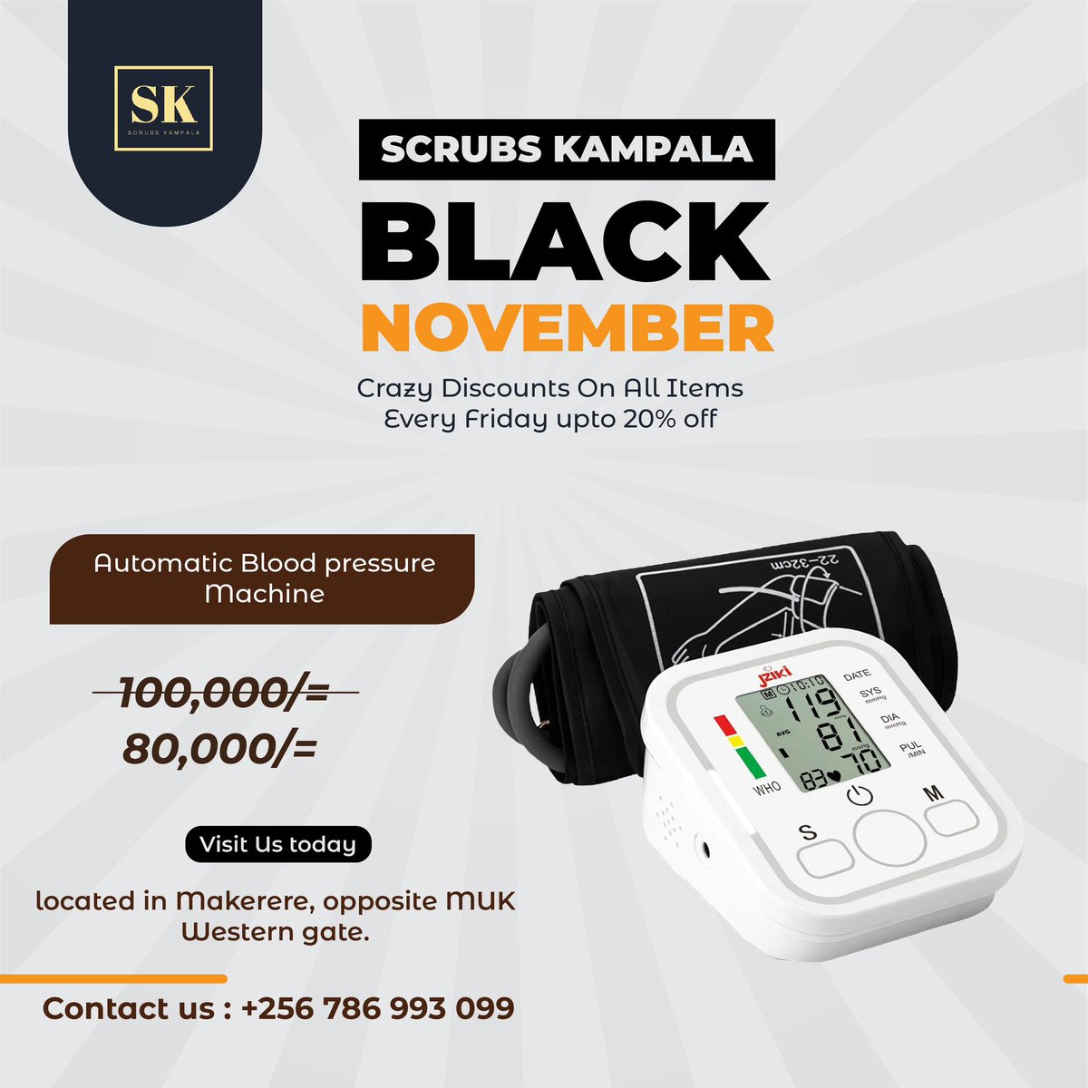 🎉Black Friday Deals are here 🏷️

First items today 😊⚫️🎉 
1. Blood sugar monitoring machine - Glucometer at 65,000 UGX (Comes with 50 testing strips and prickers)

2. Automatic blood pressure monitoring machine at 80,000 UGX

Place your orders via 0786993099 (WhatsApp or Call)
