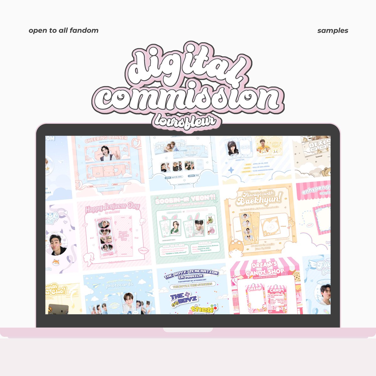 ᘇ    ׂ⁠     ֪   digital commissions !  ୨୧

: ¨·.·¨ :
 ‌  i am now accepting design and layout commissions ! kindly view thread for samples and info.

visit lovrsfleur.carrd.co for more info

avail slots now ♡

t. wts lfb ph kpop banners pubmat photocard photostrip slogan