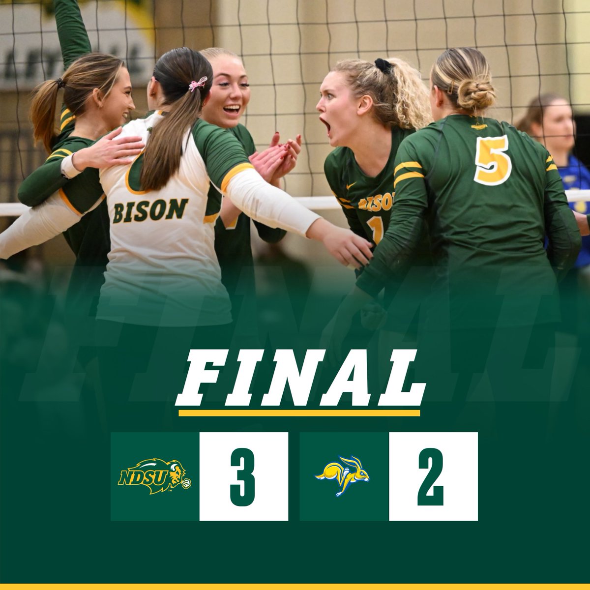 NDSUvolleyball's tweet photo. The Bison escape with the W! 🤘

#GoBison https://t.co/bQpNahZNQr