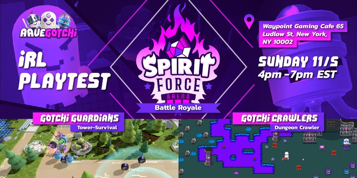 📣 ATTN ALL #GOTCHIGANG IN NYC

Join us Sunday, Nov 5th at <a href="/WaypointcafeNYC/">Waypoint Cafe</a> for an IRL playtest of 3 hot new games from Aavegotchi 🔥

<a href="/gotchiguardians/">Gotchi Guardians 👻⚔️👅</a>
@spiritforcegg 
@Gotchicrawler 

Spaces are limited so don't forget to RSVP with the link below 👇👇👇
