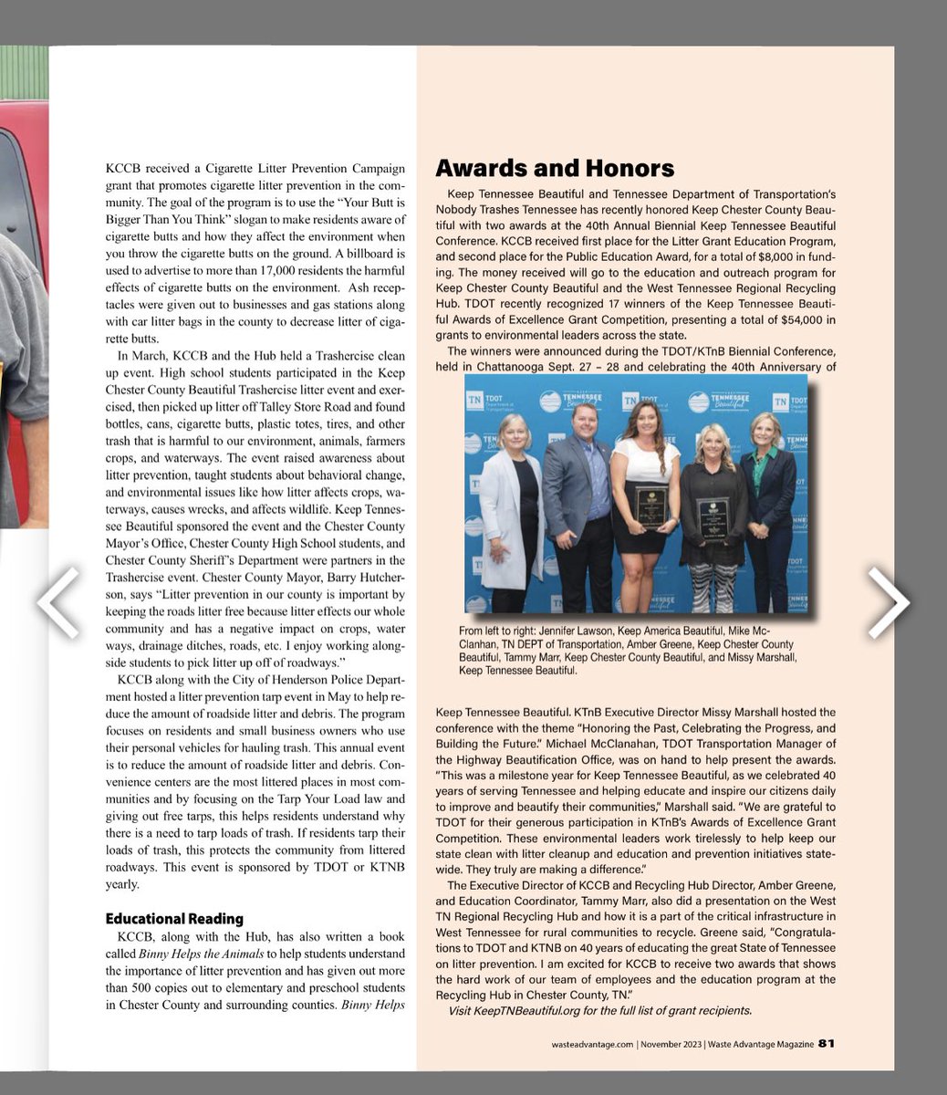 CCSWRD's tweet photo. Thank you to WasteAdvantage Magazine  for publishing the article about the West Tennessee Regional Recycling Hub &amp; Keep Chester County Beautiful’s Education and Outreach program. https://t.co/g7MzKn2md0