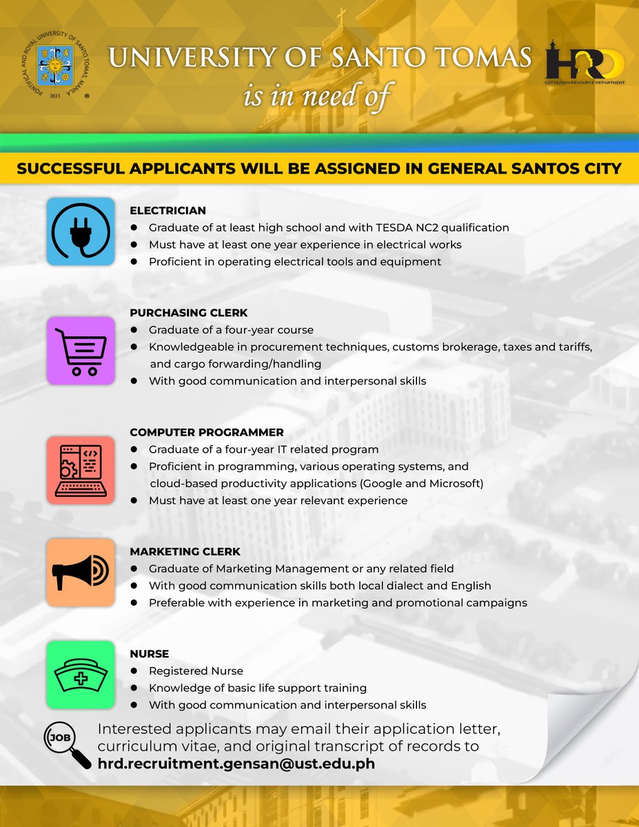 UST1611official's tweet photo. Successful applicants will be assigned in General Santos City.

#JobsAtUST https://t.co/a859KsjbEK