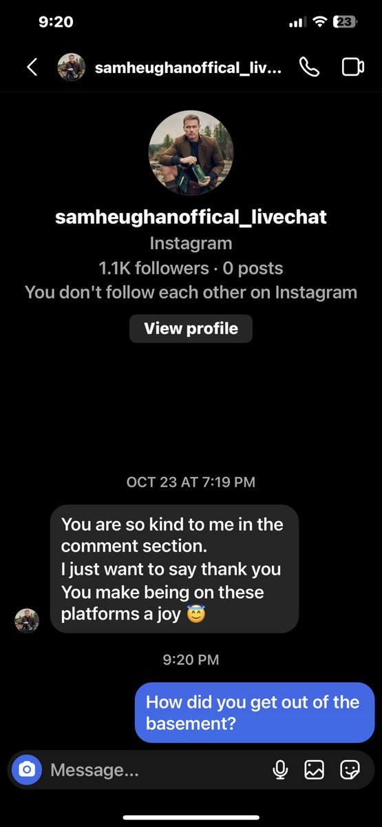 Heughligans's tweet photo. This came to my personal IG account.
Oh, you sweet silly scammer..😏
#ScamnotSam #nottodayscammer https://t.co/eLWBcCgZGz