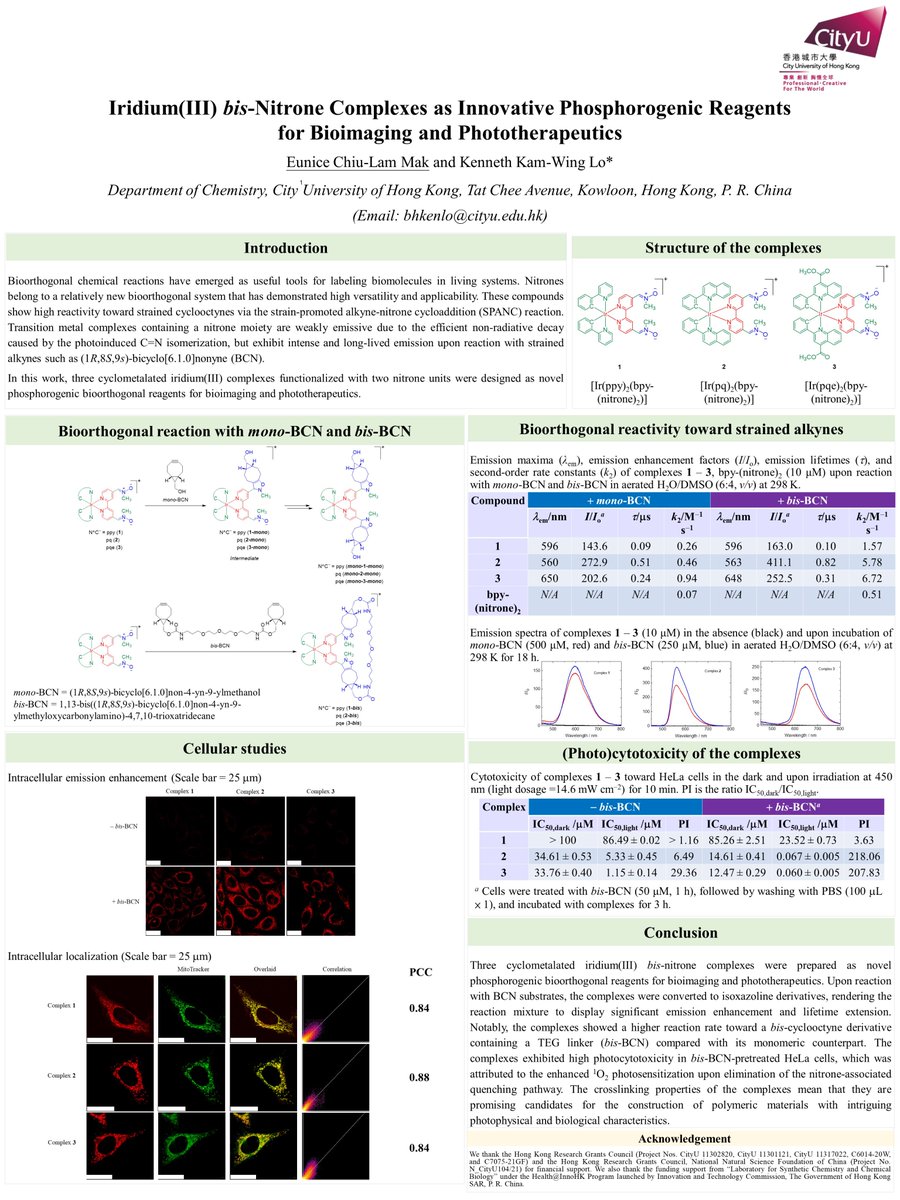 Nicola_jrogers's tweet photo. Eunice Chiu-Lam MAK, HKU, Poster on
Iridium(III) bis-Nitrone Complexes as Innovative Phosphorogenic Reagents for Bioimaging and Phototherapeutics @InorgChem4Life #IC4LPoster #Bioinorganic
eunicmak-c@my.cityu.edu.hk https://t.co/vfIAxptYDz