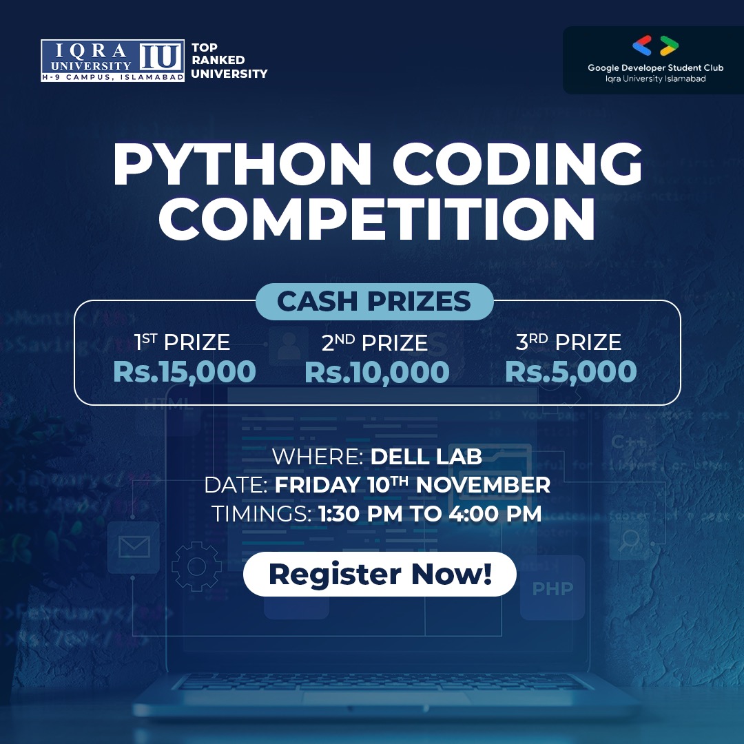 IUIsbCampus's tweet image. Exciting news for Iqra University Islamabad H-9 Campus students!
Join us at Dell Lab this Friday, Nov 10, 1:30 pm - 4:00 pm for a Python Coding Competition.
Register Here:
docs.google.com/forms/d/e/1FAI…
#PythonCompetition #CodingChallenge #IqraUniversity #IqraISB #RankedNo1