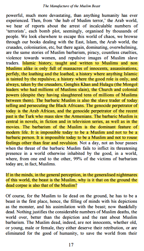 TheIslamicate's tweet photo. "If in the minds, in the general perception, in the generalised nightmares of this world, the beast is the Muslim, why is it that on the ground the dead corpse is also that of the Muslim?"

📚: "The Myth of Muslim barbarism and its aims", Al-Djazairi https://t.co/qjcydP3Eex