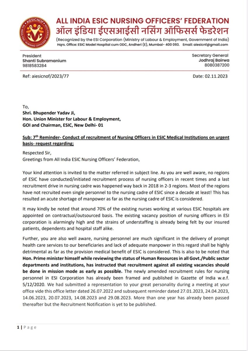 aiesicnf's tweet image. 7th reminder submitted to Hon. Union Minister for @LabourMinistry and the DG @esichq to expedite the Recruitment Drive for the #nurses in #ESIC in &quot;mission mode&quot; as early as possible.    
#missionmoderecruitment #nursingofficersrecruitment2023 #RozgarMela2023     
Sh.@byadavbjp