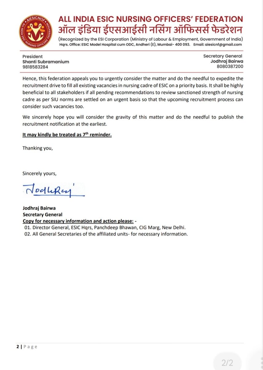 aiesicnf's tweet image. 7th reminder submitted to Hon. Union Minister for @LabourMinistry and the DG @esichq to expedite the Recruitment Drive for the #nurses in #ESIC in &quot;mission mode&quot; as early as possible.    
#missionmoderecruitment #nursingofficersrecruitment2023 #RozgarMela2023     
Sh.@byadavbjp