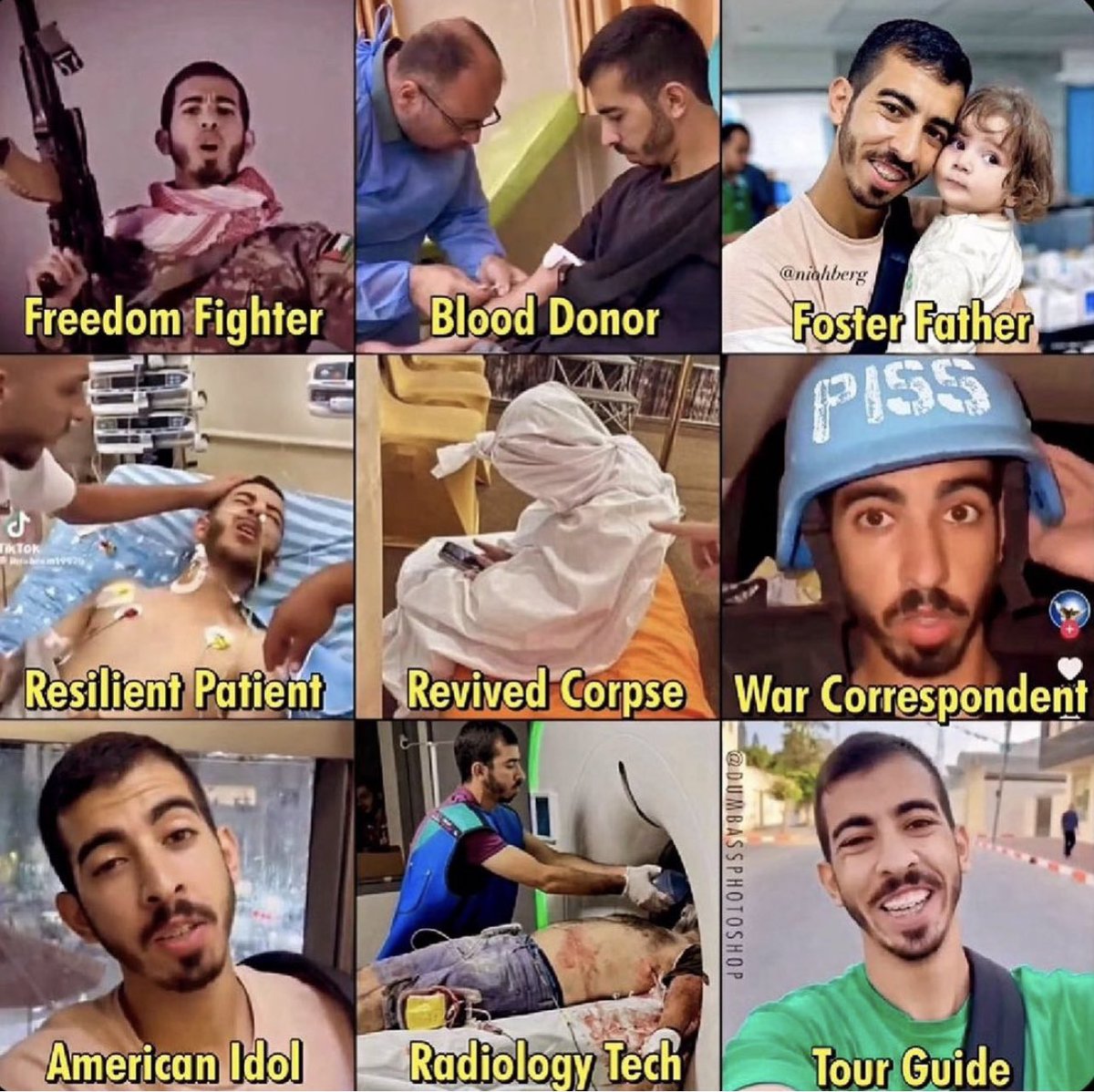 PauloMartins10's tweet photo. O ator do Hamas é muito versátil. A imprensa ocidental é super fã https://t.co/W7rzAviYDG
