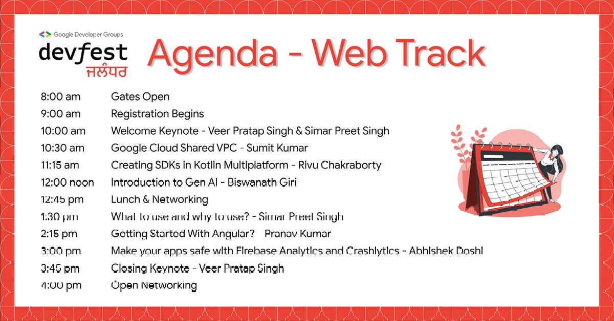 GDGJalandhar's tweet photo. 🕒 T-minus 24 hours to #DevFestJalandhar! 🕒 Check out our agenda full of incredible sessions and prepare to be inspired! It’s your last chance to join the festivities! Don't miss out! 🎫✨ 
#DevFest #GDGJalandhar #TechTalks #FinalCountdown #DevCommunityPB https://t.co/VM9iUq4ioT