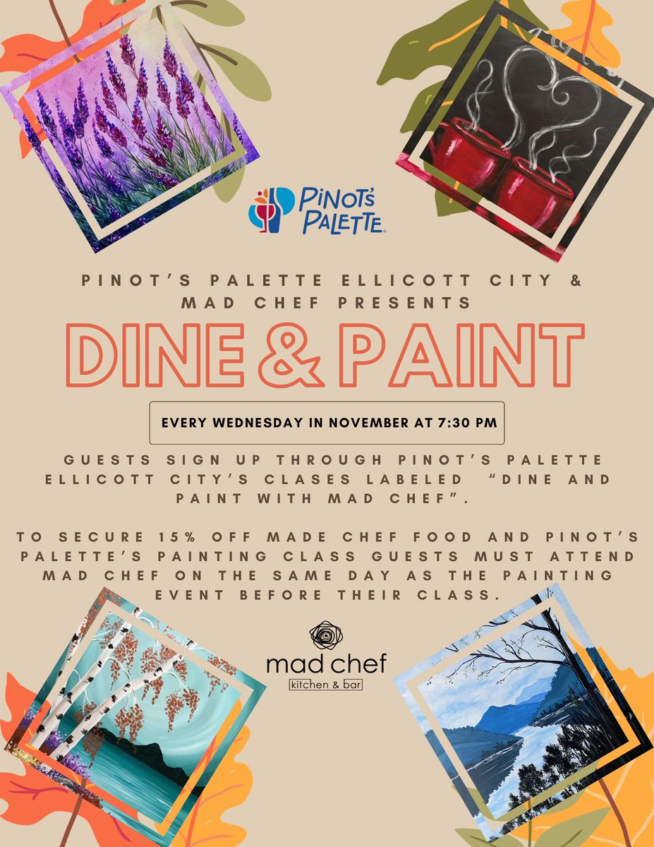 PinotEllicott's tweet photo. Wine Down Wednesday has a new look at Pinot's Palette Ellicott City! We are collaborating with Mad Chef for Dine &amp; Paint every Wednesday in November. Enjoy 15% off food from Mad Chef and your Pinot's Palette class!
https://t.co/X489Qidwzm
#PinotsPalette #ellicottcity https://t.co/JWrM3FJOUC