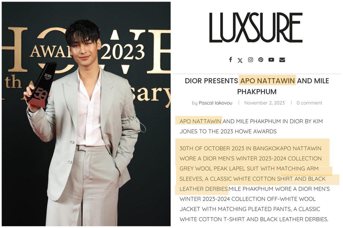 ApoNattawinNal's tweet image. 30TH OF OCTOBER 2023 IN BANGKOKAPO NATTAWIN WORE A DIOR MEN&apos;S WINTER 2023-2024 COLLECTION GREY WOOL PEAK LAPEL SUIT WITH MATCHING ARM SLEEVES, A CLASSIC WHITE COTTON SHIRT AND BLACK LEATHER DERBIES.

APO AT THE 11th HOWE AWARDS 

#HOWEAWARDS2023XAPO
@Nnattawin1 #Nnattawin #Dior
