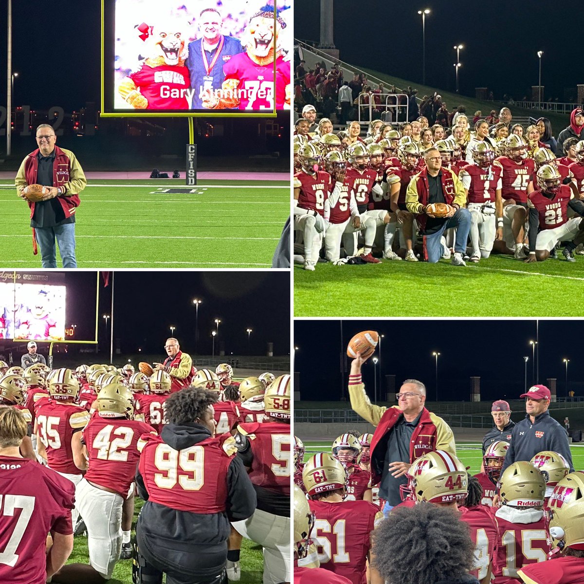 CW_Athletics's tweet photo. Our @CyWoodsFB212 team honored Mr. K at his last Cy Woods football game before he retires in December after 41 years in education ~ Thanks for always supporting our Wildcats 💛 ❤️ @DOTYDad @CyWoods212 https://t.co/kvZBNb7wqv