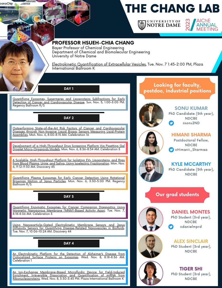 Chang Lab (@changlab_nd) on Twitter photo Excited to showcase our findings at the AIChE Conference in Orlando, FL, from Nov 5th, 2023. Below are the scheduled talks by various Chang Lab members. <a href="/NDCBE/">Notre Dame CBE</a> <a href="/UNDResearch/">Notre Dame Research</a> <a href="/Himanii_Sharmaa/">Himani Sharma</a> <a href="/sonu2ND/">Sonu Kumar</a> <a href="/DanielMPRD/">Daniel Montes Pinzón</a> <a href="/TaimeToFly/">石浩然 Tiger Shi</a> <a href="/ChEnected/">American Institute of Chemical Engineers (AIChE)</a> #AIChE2023 #AIChEAnnual Excited to showcase our findings at the AIChE Conference in Orlando, FL, from Nov 5th, 2023. Below are the scheduled talks by various Chang Lab members. <a href="/NDCBE/">Notre Dame CBE</a> <a href="/UNDResearch/">Notre Dame Research</a> <a href="/Himanii_Sharmaa/">Himani Sharma</a> <a href="/sonu2ND/">Sonu Kumar</a> <a href="/DanielMPRD/">Daniel Montes Pinzón</a> <a href="/TaimeToFly/">石浩然 Tiger Shi</a> <a href="/ChEnected/">American Institute of Chemical Engineers (AIChE)</a> #AIChE2023 #AIChEAnnual