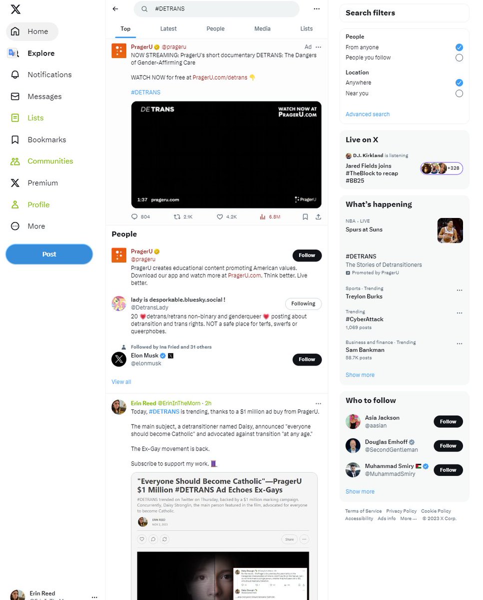 PragerU had to pay $1,000,000 to get #DETRANS trending. I paid $0 to see my analysis of the ad buy and the way it rehashes the ex-gay movement end up at the top of their trending hashtag. Thanks for bringing so many new people to my reporting, @prageru.