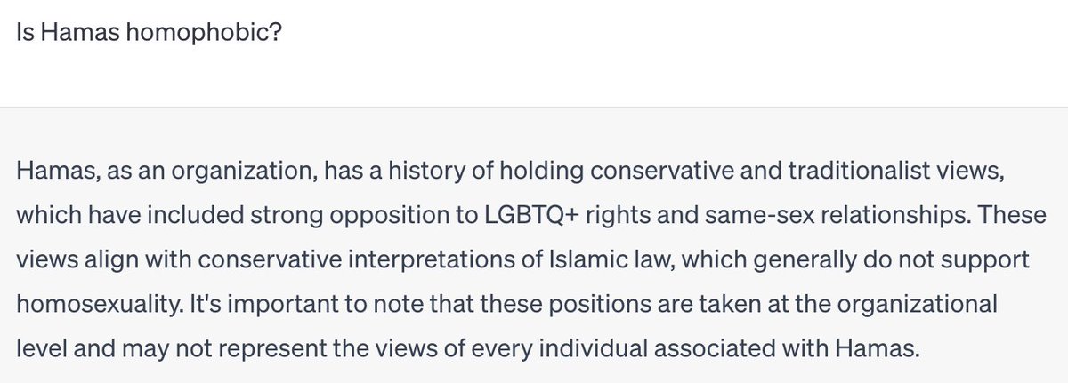 TroonPlanet's tweet photo. I asked ChatGPT if Hamas is homophobic. The answer I got? #NotAllTerrorists https://t.co/Q3uLQd19jN