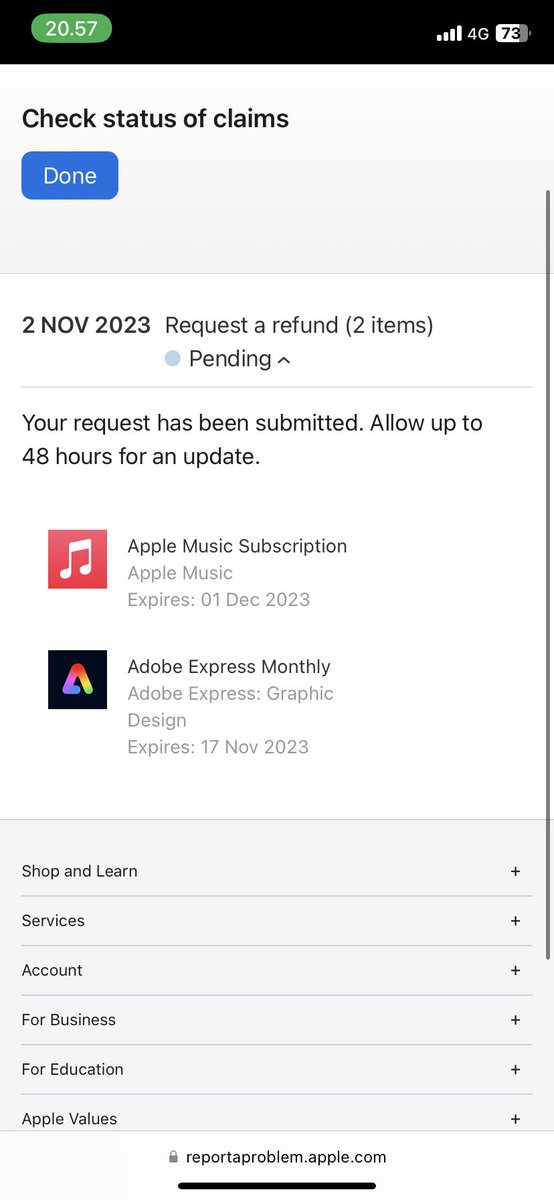 ezpzyz's tweet photo. In case kejadian, cara klaim pengembalian dana apple / appstore :
1. buka web report apple — refund, pilih alasan
2. Check status — pending
3. Simpen bukti (optional)
4. Cek berkala, aku blm sampe 24 jam udh direfund
note : stop subs, jgn unlink dana dulu, jgn buka appnya https://t.co/fMZB06hhJ5