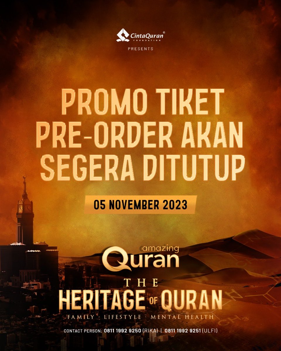 The Heritage of Quran
Family - Lifestyle - Mental Health

Alquran merupakan petunjuk dan pedoman sekaligus solusi atas setiap permasalahan dalam kehidupan kaum muslimin di muka bumi ini.

Dapatkan tiketnya sekarang, sebelum kehabisan!

Daftar tiket :
mastermindevent.id/amazing-quran?…