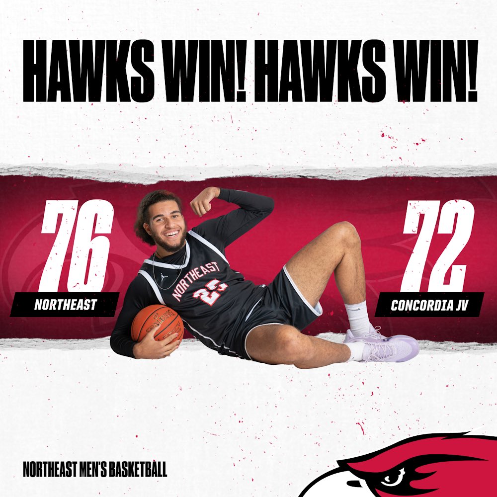 𝘏𝘢𝘸𝘬𝘴 𝘸𝘪𝘯! 𝘏𝘢𝘸𝘬𝘴 𝘸𝘪𝘯!

Northeast seals the deal late behind an 𝗔𝗪𝗘𝗦𝗢𝗠𝗘 crowd at the Cox Activities Center to start the season 1-0!

#GoHawks 🔴⚪️🏀