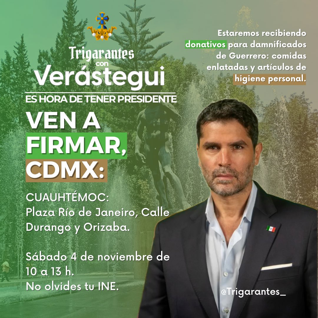 FIRMA Y CONSTRUYE MÉXICO ✍🏻️

Este sábado de 10 a 13 h. estaremos en Plaza Río de Janeiro, cerca de la Gloria de los Insurgentes, en #Cuauhtémoc para recabar firmas. 

Así también podrán llevar insumos para los damnificados de Guerrero que entregaremos a sociedad civil.