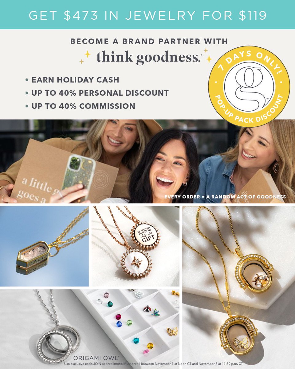 thinkgoodness.com/pages/brandpar… 
#BrandPartner #OrigamiOwl #LiveWithPurpose #owltogether #JoinMyTeam #ThinkGoodness #WereHiring #mom #StayAtHomeMom #disney #BrandAmbassador #BrandAmbassadorsWanted #Helpwanted #WorkFromHome #WorkFromYourPhone #WorkHard #Sidegig #SideHustle #jewelryOfx