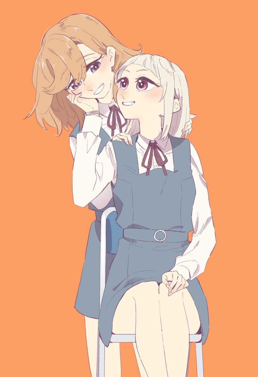 shibuya kanon multiple girls 2girls school uniform purple eyes orange background sitting smile  illustration images