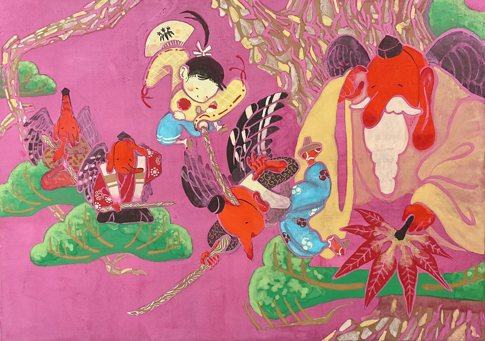 作者不明 大幅軸 鞍馬山僧正坊の図 絹本 掛軸 鞍馬天狗 日本画 M767