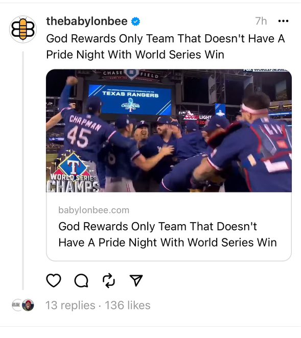 Serious question <a href="/elonmusk/">Elon Musk</a> does seeing the Babylon Bee on Threads feel like a bit of a betrayal?