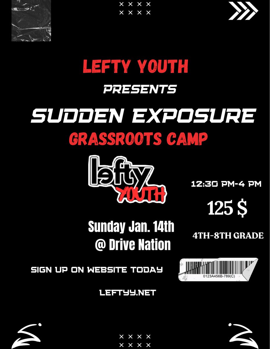 Lefty Youth Presents:
Sudden Exposure Grassroots Camp
January 14th 
@ Drive Nation
4th-8th Grade 
12:30-4 PM
Link:
leftyy.net/event-details/…