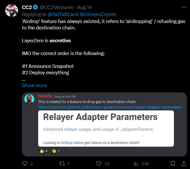 CC2Ventures's tweet photo. If you've researched LayerZero for one single, solid second, you'd realize:

▫️ they're highly professional
▫️ incredibly secretive

Accurately predicting their snapshot/airdrop date based on a few on-chain breadcrumbs would be akin to finding a needle in a haystack with a pair of tweezers.

That's why I'm taking all of you up for 'no-loss' lottery bets as a hedge.