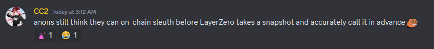 CC2Ventures's tweet photo. If you've researched LayerZero for one single, solid second, you'd realize:

▫️ they're highly professional
▫️ incredibly secretive

Accurately predicting their snapshot/airdrop date based on a few on-chain breadcrumbs would be akin to finding a needle in a haystack with a pair of tweezers.

That's why I'm taking all of you up for 'no-loss' lottery bets as a hedge.