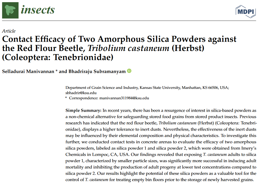 #insects Paper Published  
📚Contact Efficacy of Two Amorphous #Silica Powders against the Red Flour Beetle, Tribolium castaneum (Herbst) (#Coleoptera: #Tenebrionidae)

by Selladurai Manivannan, Bhadriraju Subramanyam

📷mdpi.com/2075-4450/14/1…

#storedproductpest #redflourbeetle