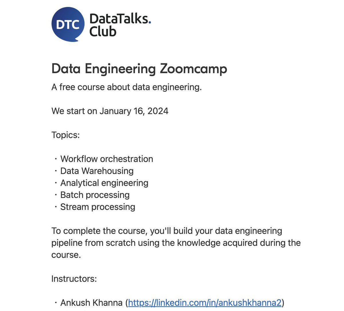 Learn Data Engineering for FREE!

Data Talks Club is starting a new batch of our free Data Engineering course on Jan 15!  

- Learn the most important concepts in data engineering
- Get real-world hands-on experience
- Build a project for your portfolio

airtable.com/appzbS8Pkg9PL2…