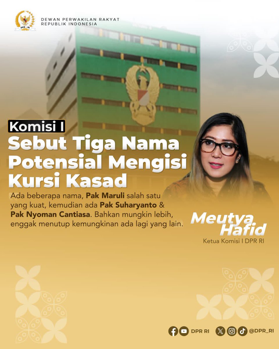 DPR_RI's tweet image. Presiden Jokowi telah menunjuk Kepala Staf TNI Angkatan Darat (Kasad) Jenderal TNI Agus Subiyanto sebagai calon tunggal Panglima TNI menggantikan Laksamana TNI Yudo Margono. Apabila Agus dilantik sebagai Panglima TNI, maka kursi Kasad akan mengalami kekosongan.

#Komisi1
#Kasad