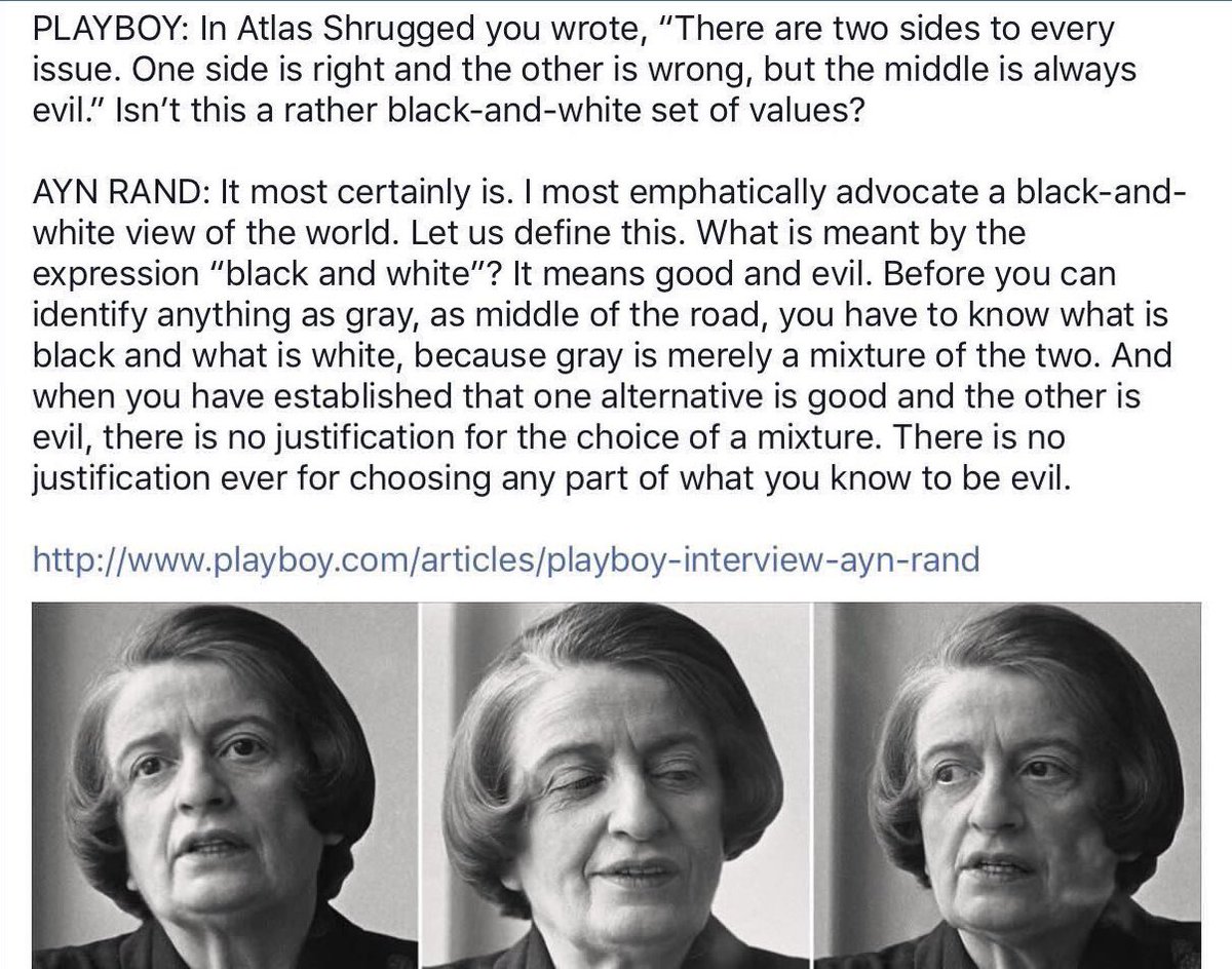 Ayn Rand explica bien que la mayoría de las cuestiones que atañen a la moral son blancas o negras.

Es decir, buenas o malas.

Una vez que está identificado el mal, permanecer en el gris, en la neutralidad, es de cínicos, e implica necesariamente aceptar parte de la maldad.