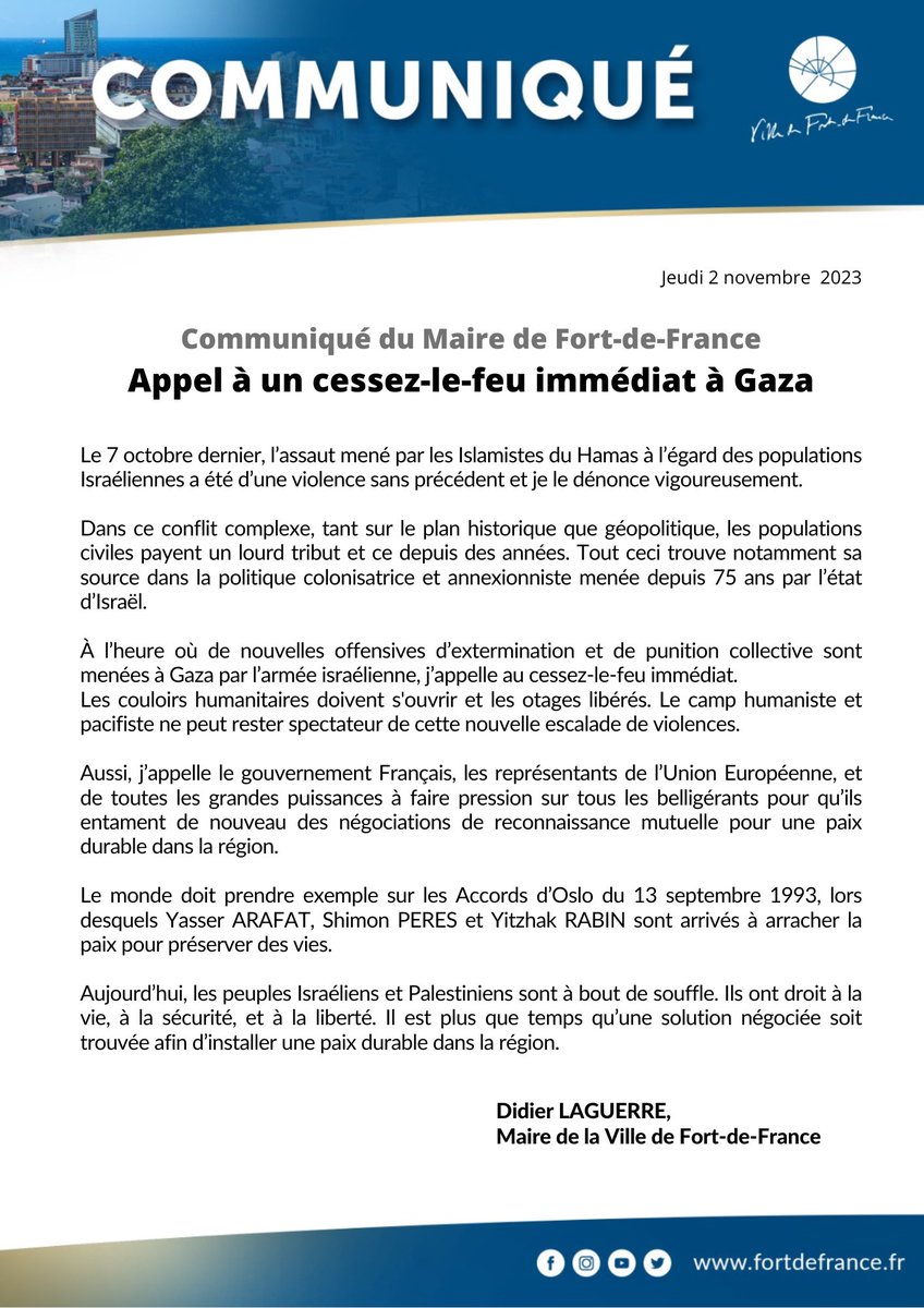 Communiqué du Maire de #FortdeFrance #CessezLeFeu #gaza #conflitisraélopalestinien #Paix