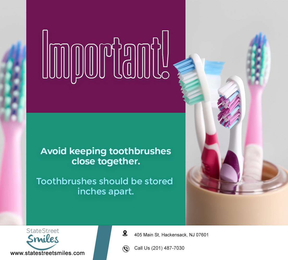SSSmilesNJ's tweet photo. Storing multiple toothbrushes together can create a breeding ground for bacteria. If you live with multiple individuals, ensure that there are a few inches between each toothbrush. #toothbrushtip #StateStreetSmiles #Hackensack #NJ https://t.co/bL8qZG5bfO