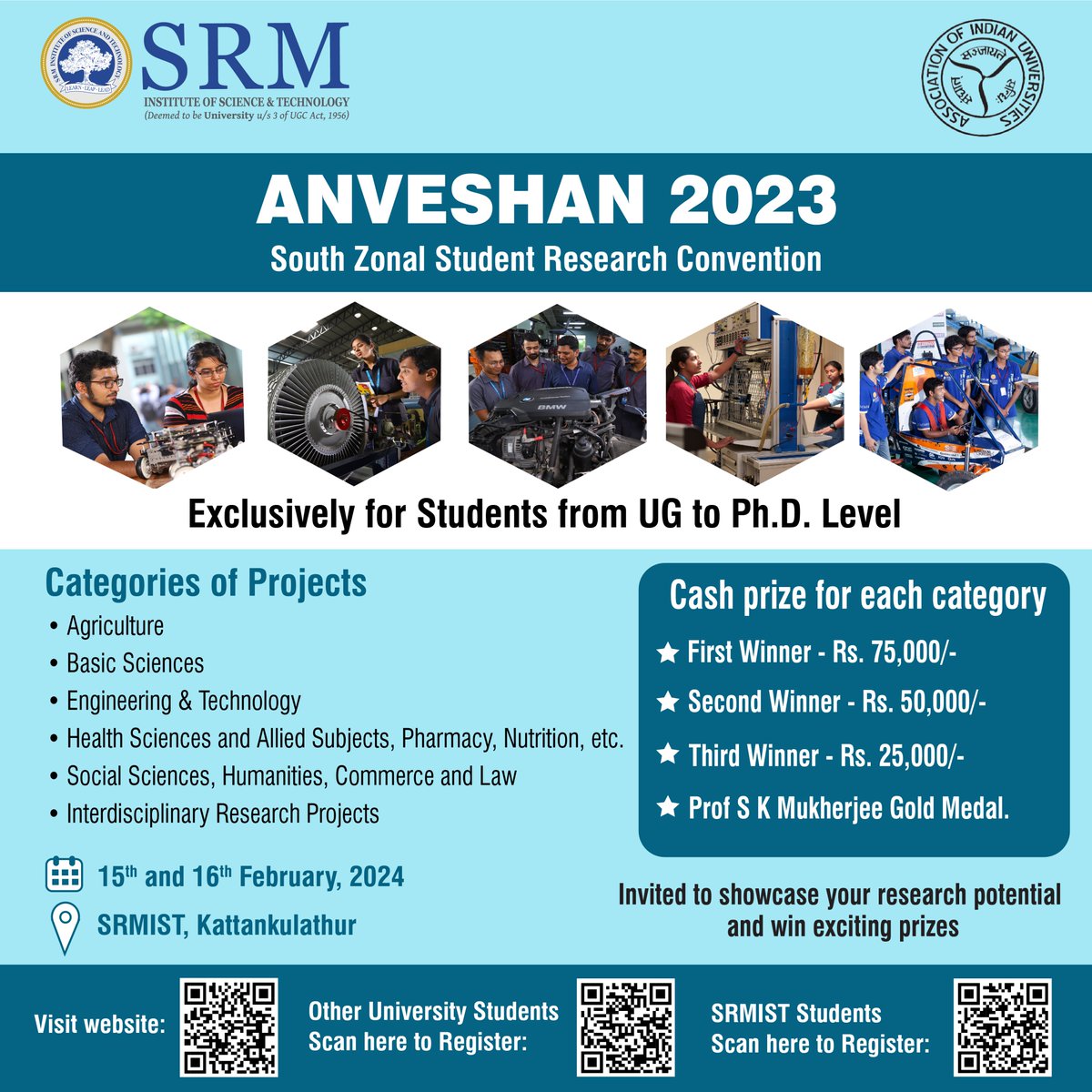 SRM_Univ's tweet photo. ANVESHAN 2023
Unleash Your Research Potential!
Visit our website for more details: https://t.co/89gvOXxD5A
Important Dates :
SRMIST Students: Register by 05/11/2023
Students from other universities: Register by 15/11/2023
#ProjectCompetition #Anveshan #SRMIST #AIU https://t.co/3n7X7hGa0v