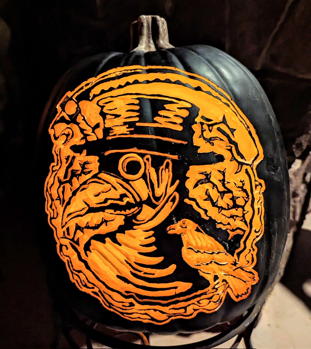 HauntedCarving's tweet photo. Happy Halloween! I finished this plague doctor jack-o-lantern just in time.

I love the way this design pops on the black pumpkin, and how it looks like a woodcut picture. Design by @StoneyKins 

#Halloween #jackolanterns #pumpkincarving #plaguedoctor #gothic https://t.co/EX4msQ0g7x