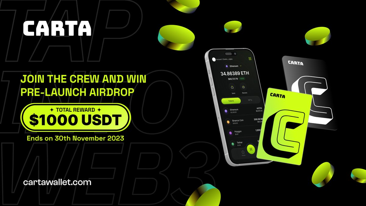 🎉Join the pre-launch airdrop and win up to 1000 $USDT. 

Visit cartawallet.com to find out more!
.
.
.
#AirdropCrypto #AirdropAlert #CryptoAirdrop #cartacrew