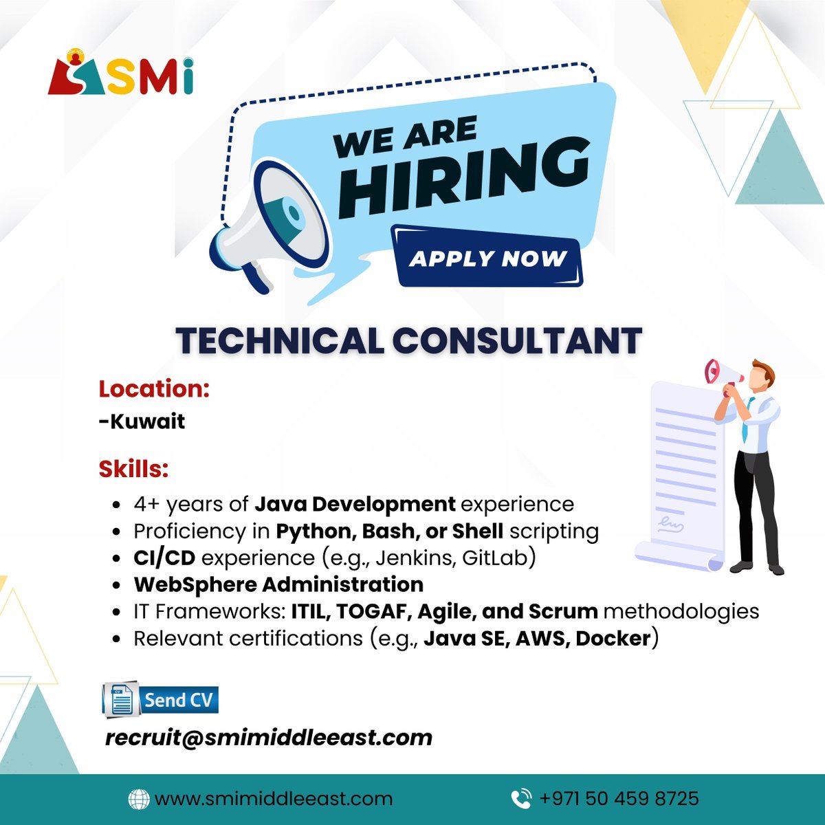 smitechllc's tweet photo. 🚀We're on the lookout for a skilled TECHNICAL CONSULTANT 

If interested, send your CV 👉 recruit@smimiddleeast.com

#hiring #technicalconsultant #jobopening #techjob #recruitment #nowhiring #itjob #kuwait #kuwaitjobs #it #websphere #python #pythondeveloper #itil #togaf #agile https://t.co/8K5DK1Ivj0