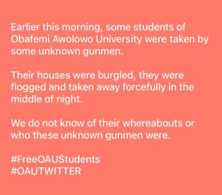alaro_basit's tweet photo. That is right! They're unknown gunmen!

#FreeOAUstudents
#OAUTWITTER https://t.co/JU3uhxgFI2