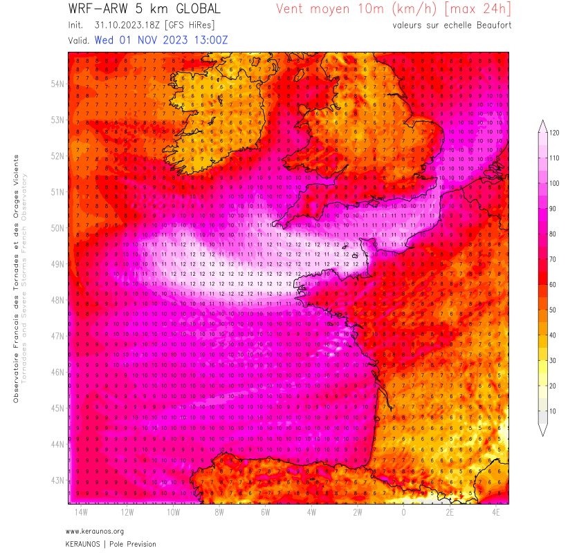KeraunosObs's tweet photo. Les vents de force 12 Beaufort (équivalent en mer d'une force ouragan) devraient être remarquablement étendus dans l'occlusion de la #TempeteCiaran.
De tels vents moyens (> 118 km/h) sur une aussi vaste étendue sont peu fréquents sur une dépression extratropicale. https://t.co/uxn0CKi3JC