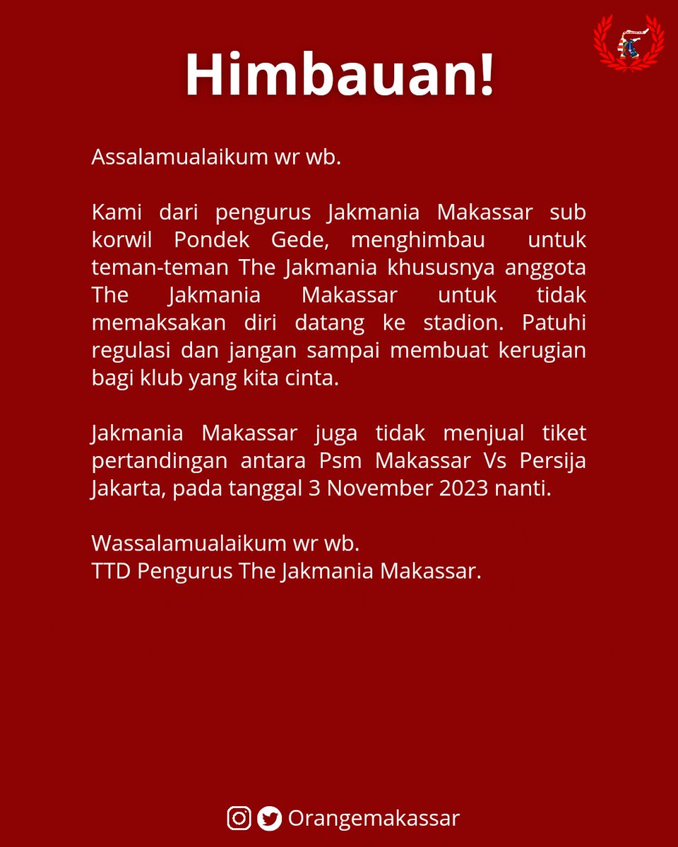 Himbauan Jak, patuhi aturan yang berlaku ya dan jaga nama baik Persija dan Jakmania 👆

#EwakoPersija
#JakMakassar
#PersijaJakarta
#PersijaSelamanya