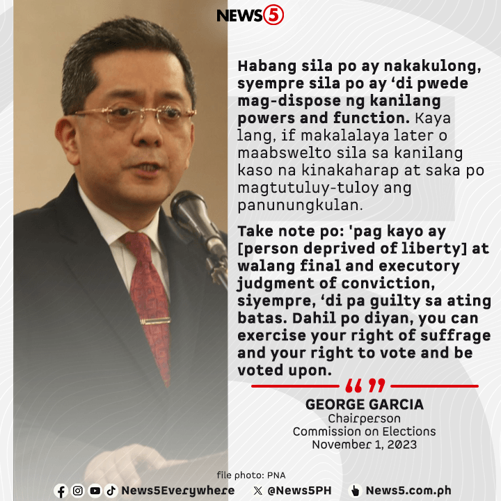 News5PH's tweet photo. Nilinaw ni Commission on Elections #COMELEC Chairman George Garcia na  maari lamang manungkulan ang persons deprived of liberty (PDLs) na  nanalo sa isang eleksyon kung siya ay maaabsuwelto sa kaniyang kaso.  #BilangPilipinoBSKE #News5

RELATED POST: https://t.co/rpkFz6vjpR https://t.co/6q1FWAzBnw