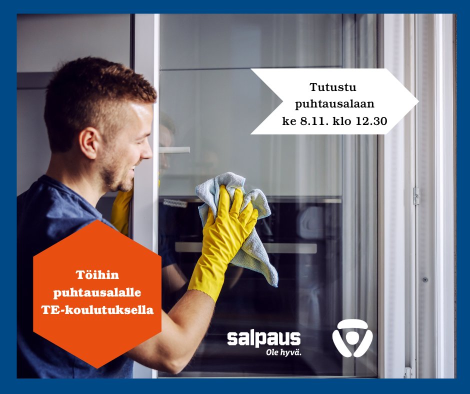 Tervetuloa ke 8.11. klo 12.30 - 14.00 Puhtausala tutuksi -tilaisuuteen Salpaukseen,  Ståhlberginkatu 6 Lahti.
Tapahtumassa kuulet työvoimakoulutuksesta, puhtausalan opinnoista sekä alalle työllistymisestä. 
#puhtausala #työvoimakoulutus #urapolut #SalpausOleHyvä