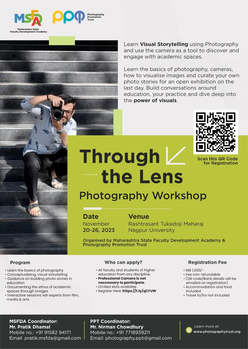 MSFDA and PPT present Through the Lens A 7-day residential workshop for faculty members & students from all disciplines ✒️ A visual approach to pedagogy ✒️ Social documentation in higher education domain through photography ✒️ Exhibition of photos taken by the participants